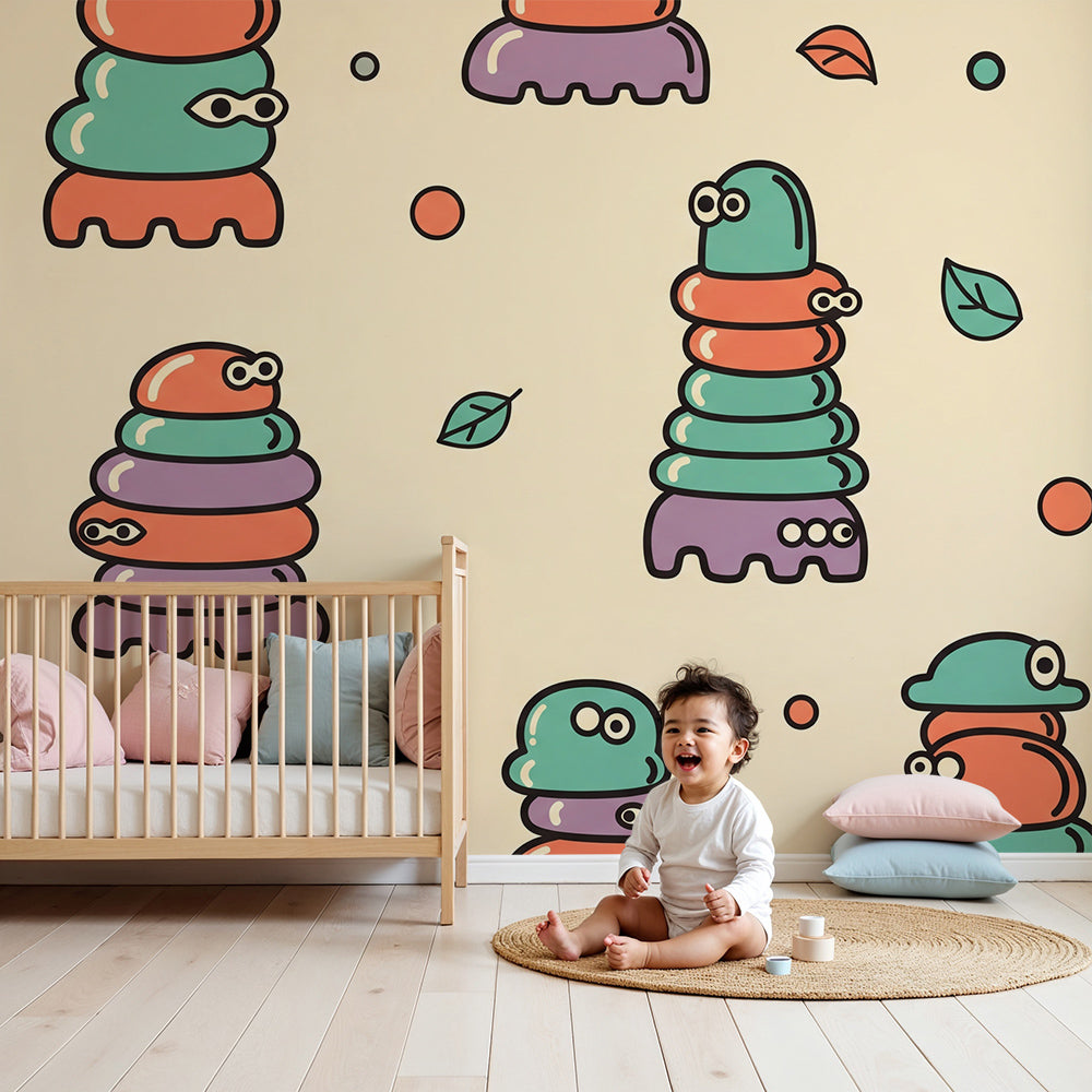 Kids-Mundo stacked caterpillar wall mural styled behind a cot in a warm cream nursery