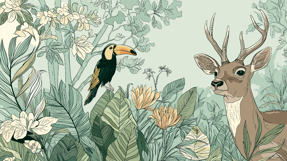 Kids-Mundo flowering jungle mural artwork with an antlered stag, toucan and cream blooms