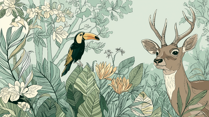 Kids-Mundo flowering jungle mural artwork with an antlered stag, toucan and cream blooms