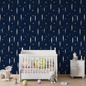 Celestial star mural wallpaper for children's room with golden accents and navy background