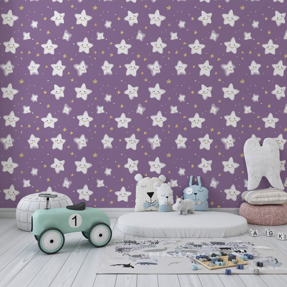 Purple star pattern wallpaper creating dreamy atmosphere in children's bedroom decor