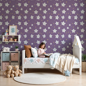 Smiling stars mural wallpaper on purple background in cozy nursery room by Kids-Mundo