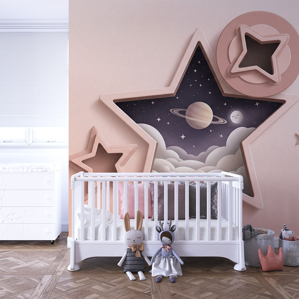 Kids-Mundo star-shaped Saturn wall mural adding a playful feature to a playroom.