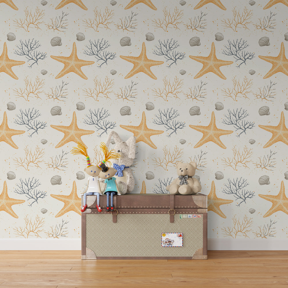Watercolor starfish mural wallpaper in children's bedroom with marine coral theme by Kids-Mundo