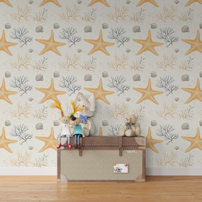 Watercolor starfish mural wallpaper in children's bedroom with marine coral theme by Kids-Mundo