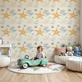 Starfish ocean mural wallpaper creating peaceful nursery decor with coral and seashell motifs by Kids-Mundo