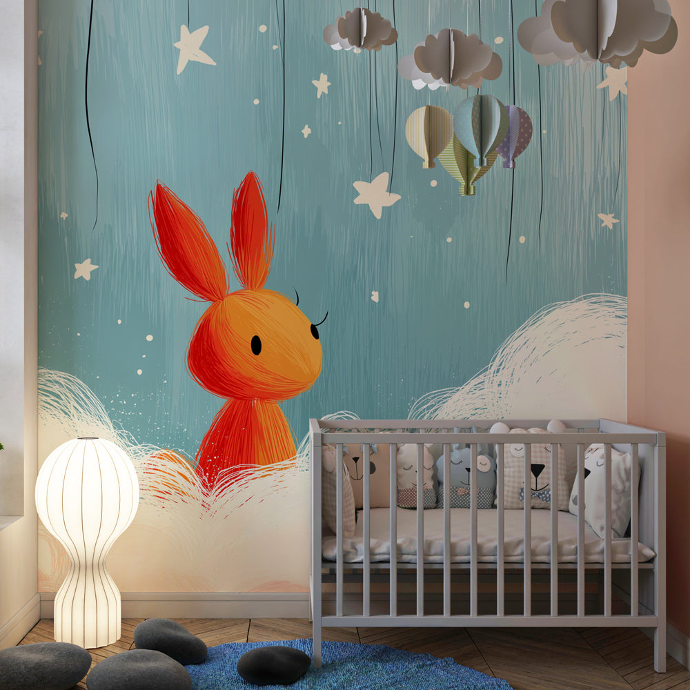 Enchanting rabbit and stars mural wallpaper creating cozy toddler bedroom decor by Kids-Mundo