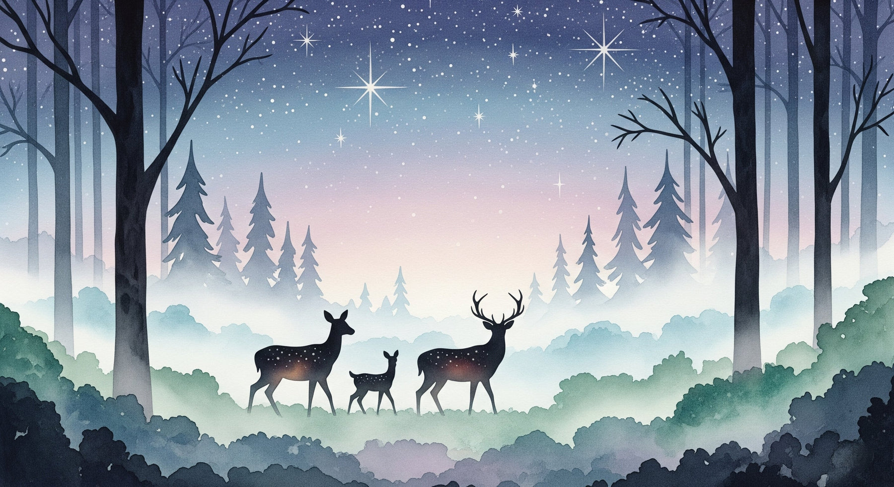 Detailed starry forest with deer mural wallpaper design pattern by Kids-Mundo