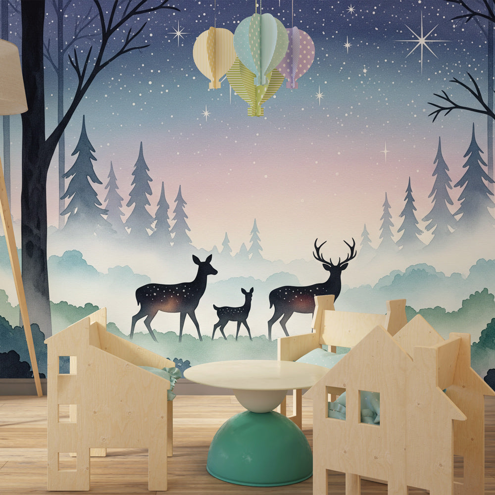 Blue purple forest wallpaper with deer silhouettes for dreamy kids room decor