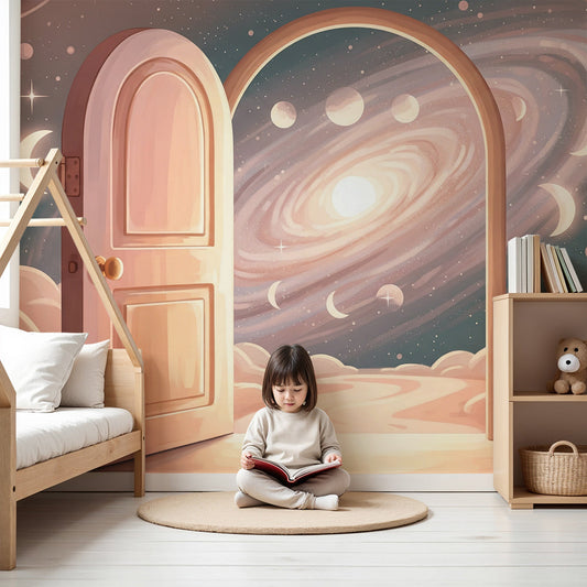Kids-Mundo starry galaxy door wall mural styled in a warm nursery bedroom setting