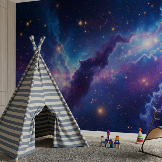 Kids-Mundo galaxy nebula wall mural bringing deep blues and stars into a child's bedroom.