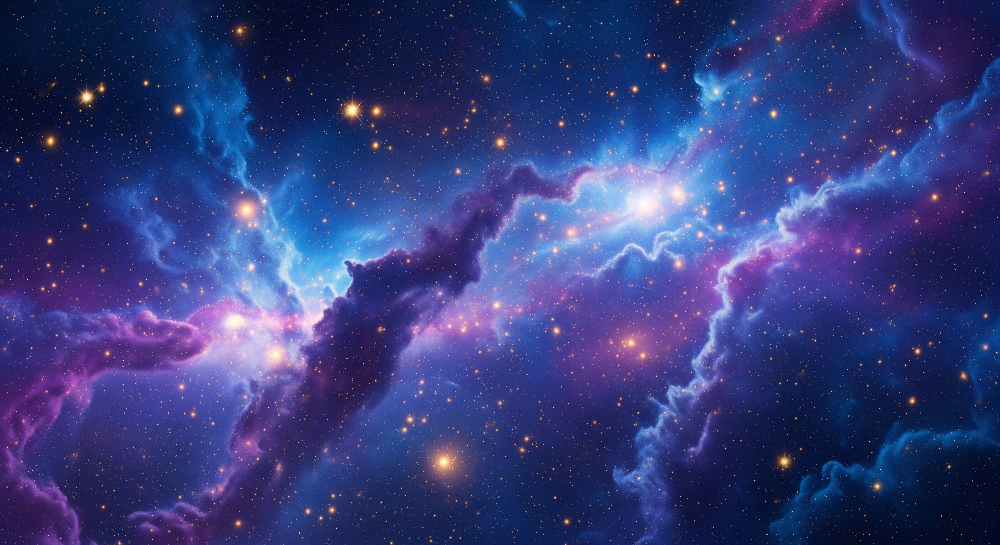 Kids-Mundo flat artwork of a deep blue and violet galaxy nebula scattered with stars.