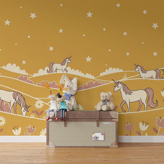 Kids-Mundo grazing unicorn wall mural covering a feature wall in a calm kids bedroom