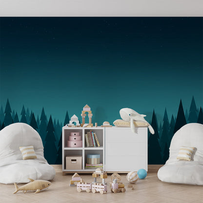 Kids-Mundo starry forest wall mural covering a feature wall in a cosy kids bedroom