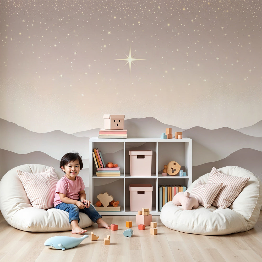 Kids-Mundo starry night mountain wall mural in a soft dusty-pink baby nursery