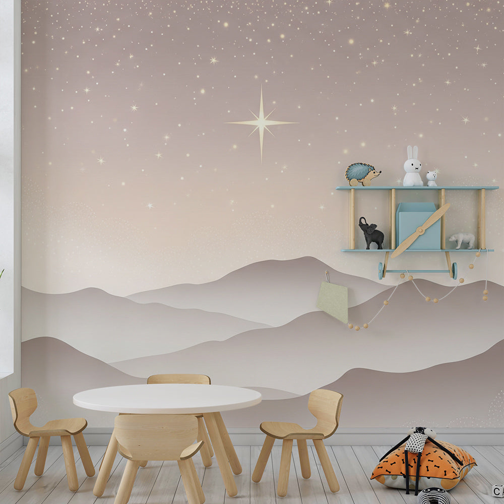 Kids-Mundo starry mountain mural decorating a peaceful playroom wall at dusk