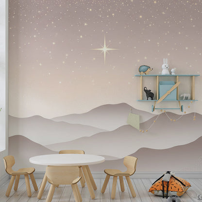 Kids-Mundo starry mountain mural decorating a peaceful playroom wall at dusk