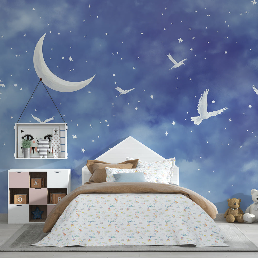 Blue starry night mural wallpaper transforming baby room into magical celestial sanctuary