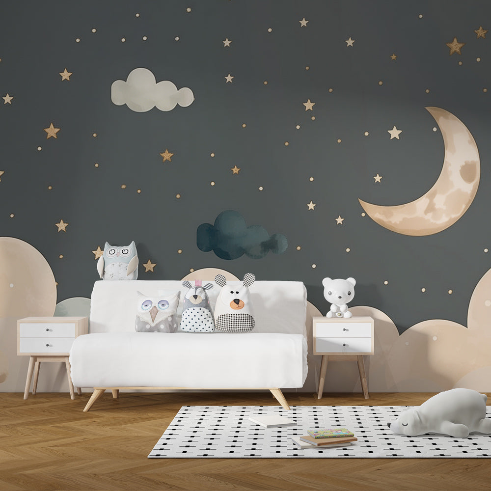 Celestial night sky wallpaper with hidden owl for dreamy children's room decor