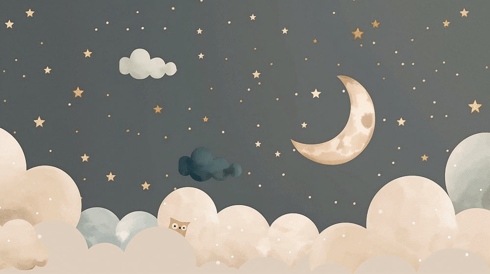 Detailed starry night mural wallpaper design pattern with golden moon and hidden owl by Kids-Mundo