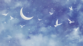 Detailed starry night mural wallpaper design pattern with flying doves and moon by Kids-Mundo