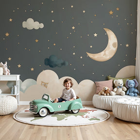 Starry night mural wallpaper with golden moon in elegant nursery by Kids-Mundo