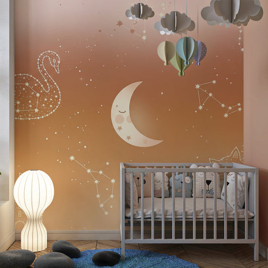 Kids-Mundo sleepy fox and swan constellation mural styled on a feature wall in a kids bedroom