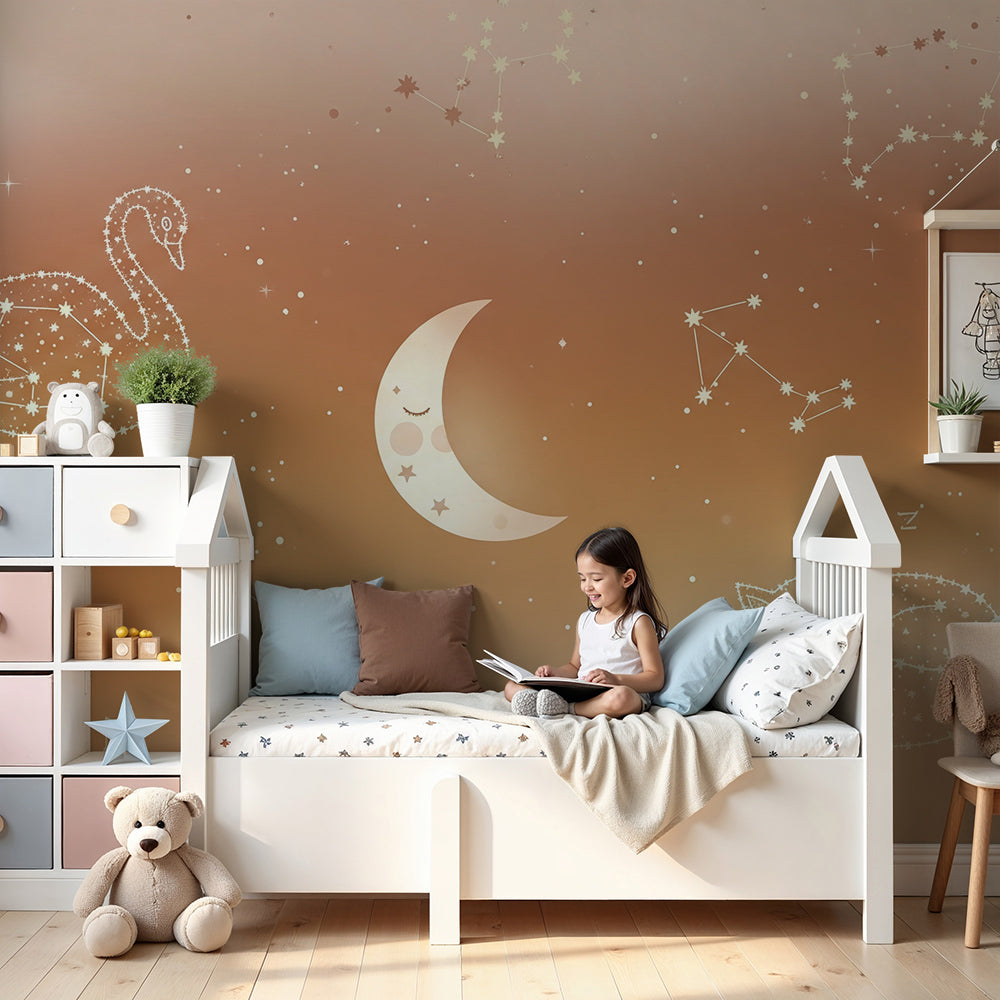 Kids-Mundo starry night sky wall mural with constellations and moon installed above a cot in a warm nursery