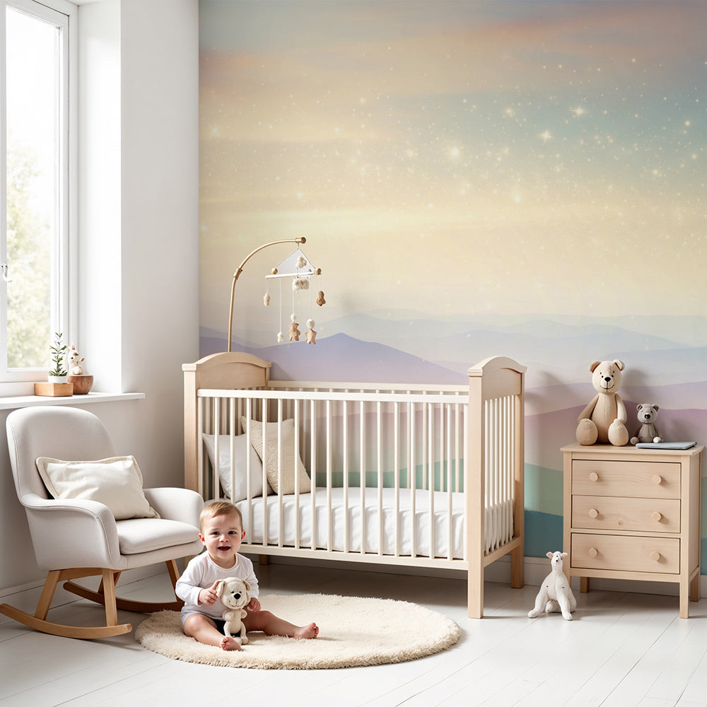 Kids-Mundo starry pastel mountain wall mural styled above a cot in a soft dreamy nursery