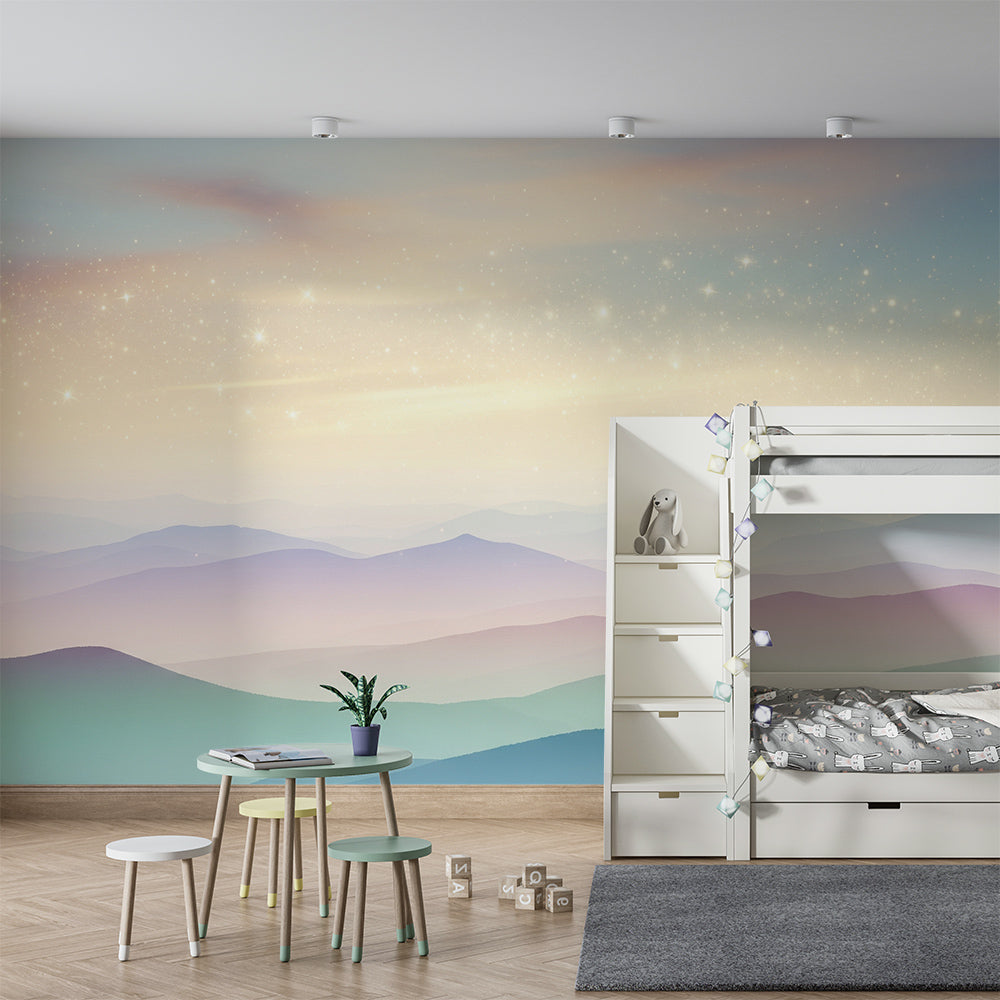 Kids-Mundo starry pastel mountain wall mural adding a calm glow to a children's playroom
