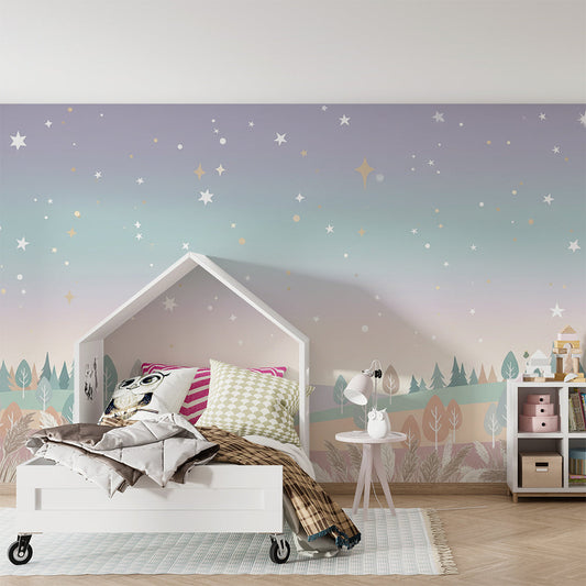 Kids-Mundo starry sky wall mural brightening a soft, dreamy kids' bedroom wall