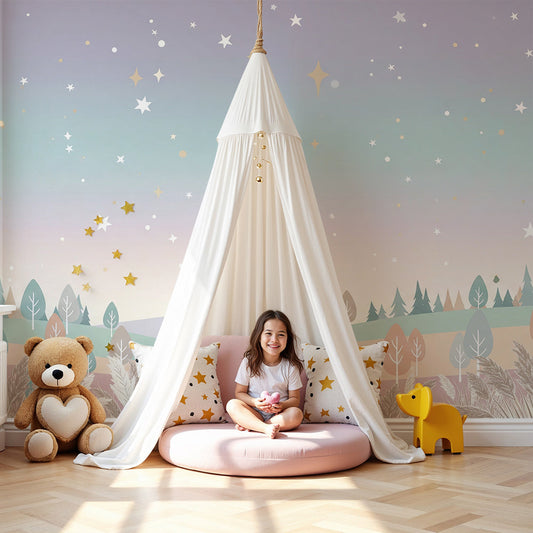 Kids-Mundo pastel starry sky forest wall mural styled in a calm baby nursery
