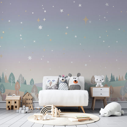 Kids-Mundo pastel starry forest mural adding a magical touch to a playroom