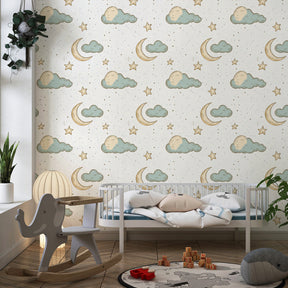Celestial night sky wallpaper creating peaceful children's bedroom decor with dreamy atmosphere