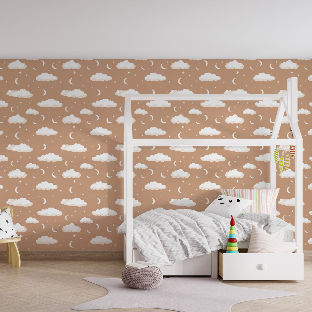 Celestial moon and stars mural wallpaper creating peaceful kids bedroom atmosphere
