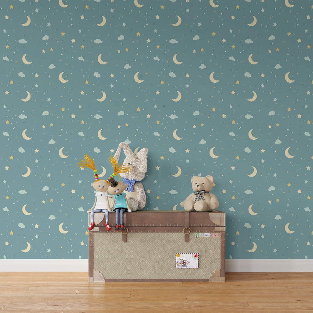 Celestial moon and stars wallpaper creating dreamy atmosphere in children's bedroom