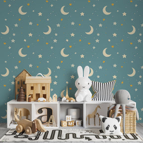 Celestial night sky wallpaper creating dreamy atmosphere in children's bedroom