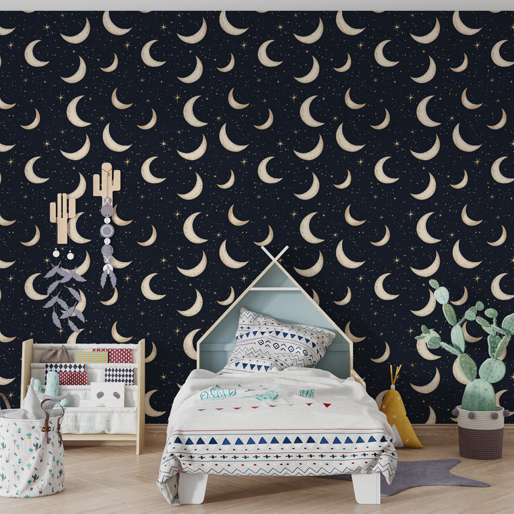 Celestial themed mural wallpaper with crescent moons and stars for children's nursery