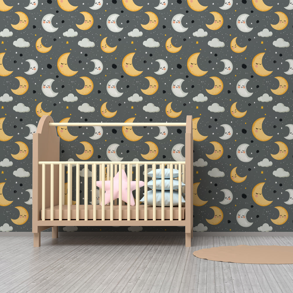 Moon and stars wallpaper creating peaceful nursery atmosphere with wooden furniture