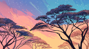 Detailed starry sky mural wallpaper design pattern with tree silhouettes by Kids-Mundo