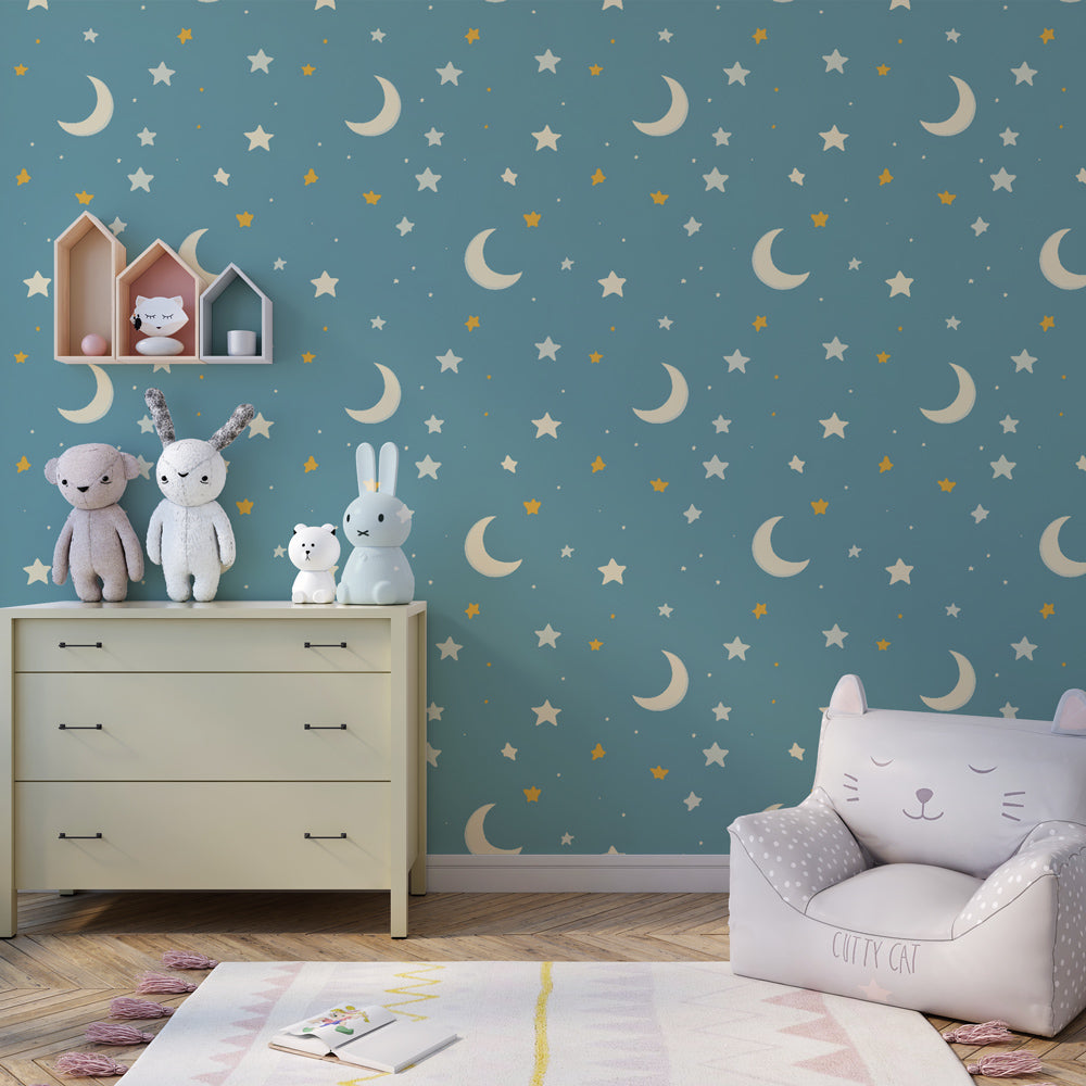 Moon and stars wallpaper on green background for peaceful kids room decor by Kids-Mundo