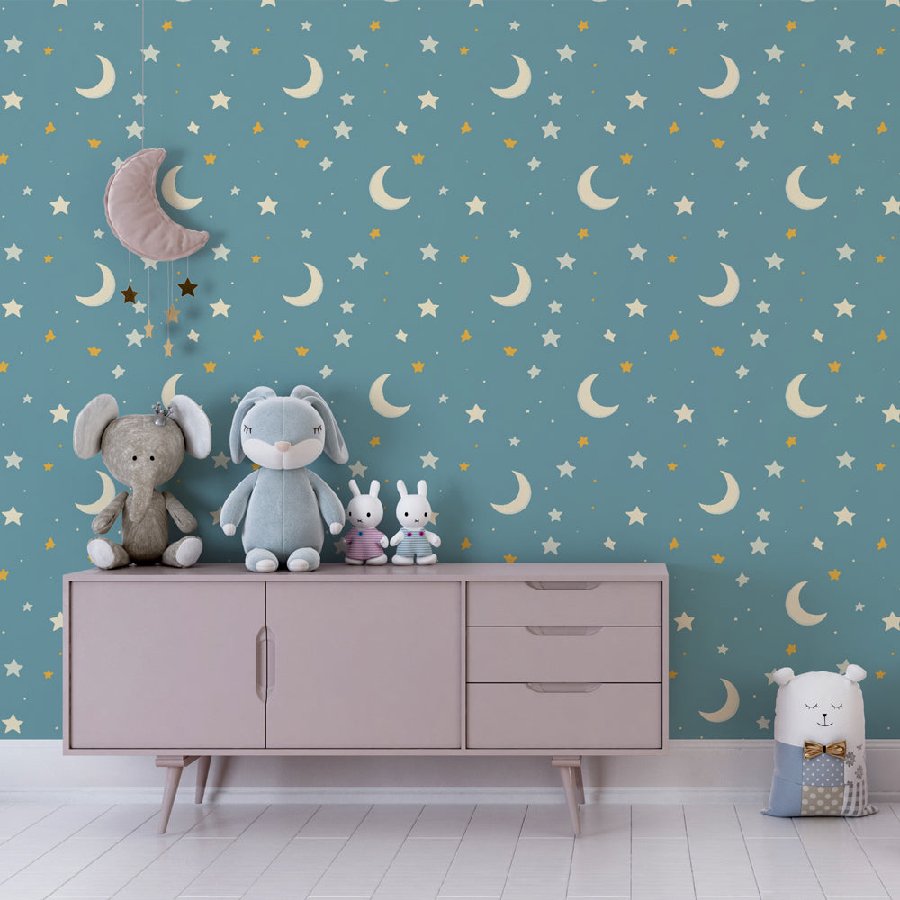 Golden celestial mural wallpaper creating dreamy atmosphere in children's bedroom