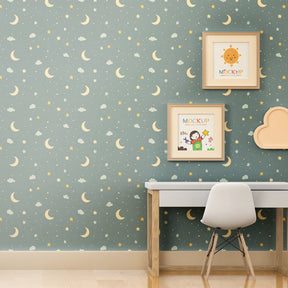 Blue starry night mural wallpaper transforming kids room into magical dreamscape