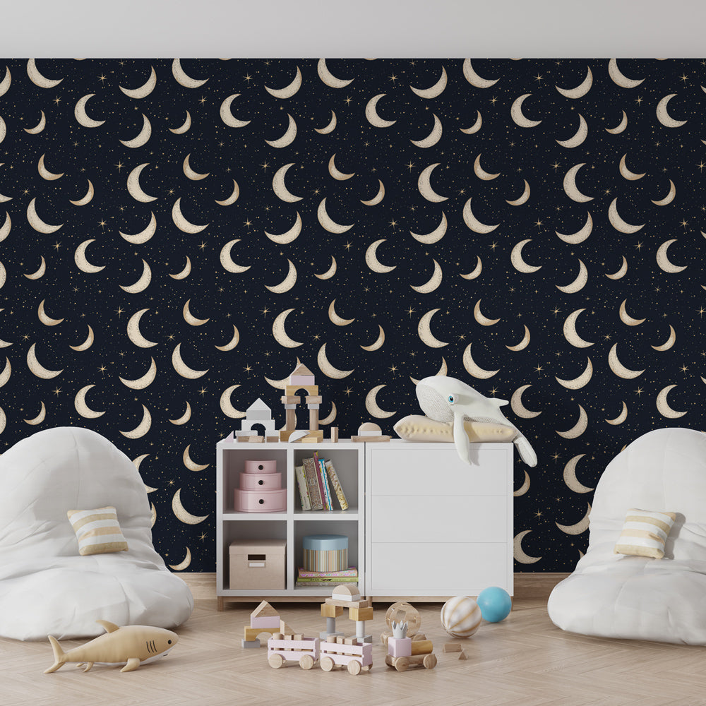 Moon and stars mural wallpaper creating magical nighttime atmosphere in kids room