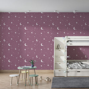 Purple night sky wallpaper with crescent moons transforming kids room into magical space