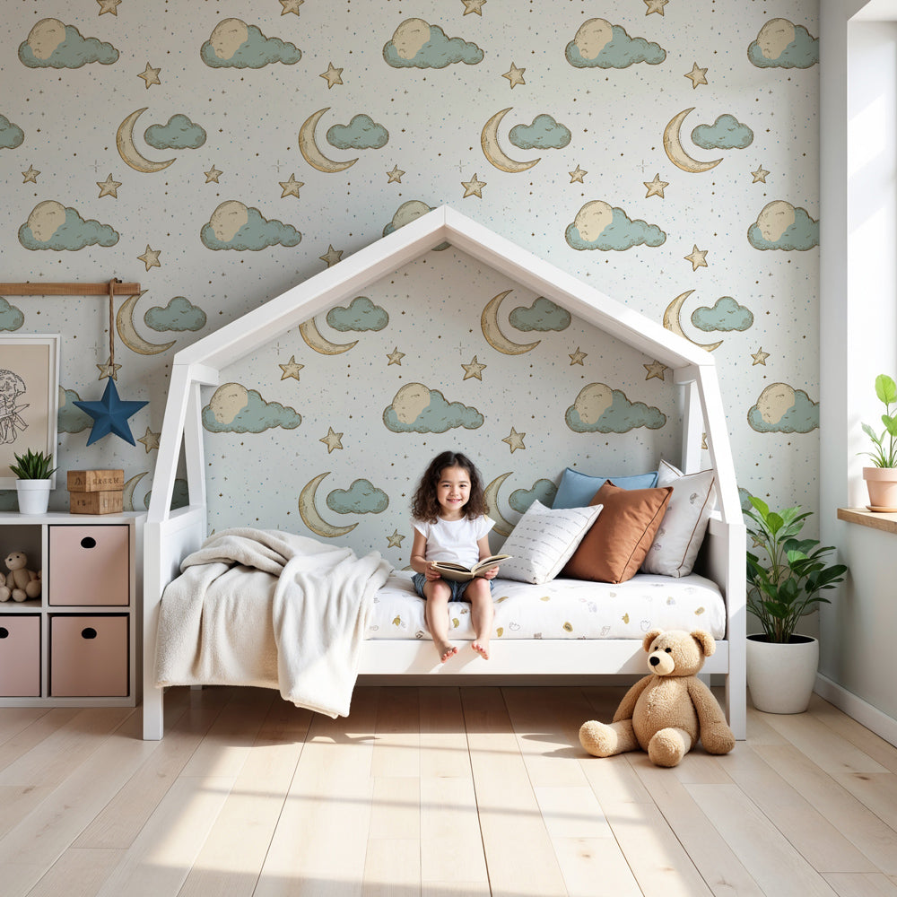 Starry sky mural wallpaper with clouds and moons in modern nursery by Kids-Mundo
