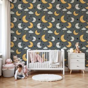 Starry sky mural wallpaper with smiling moons in modern kids bedroom by Kids-Mundo