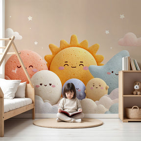 Starry sky mural wallpaper with celestial characters in modern kids nursery by Kids-Mundo