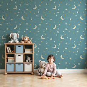 Starry sky mural wallpaper with golden moons and stars in modern nursery by Kids-Mundo