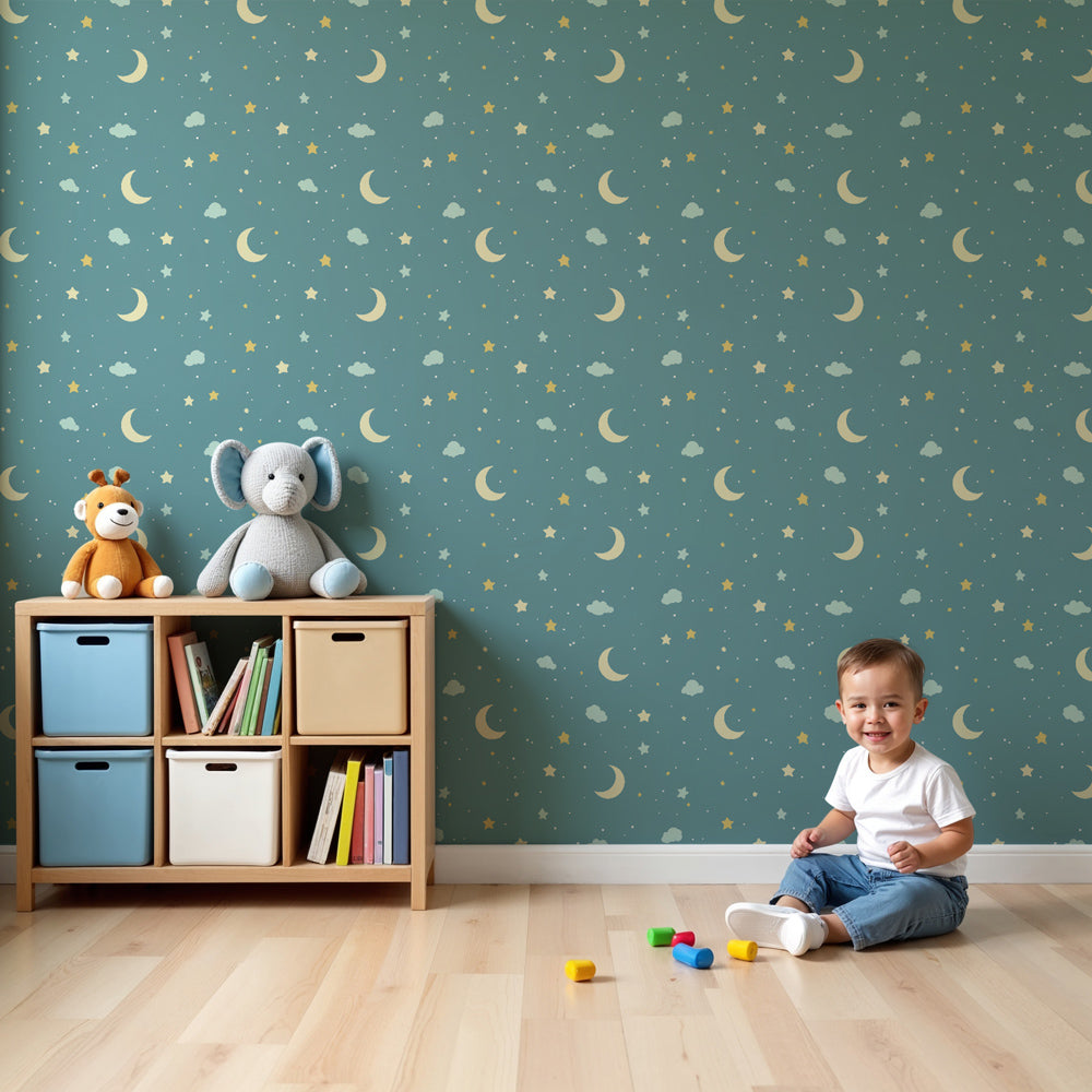 Starry sky mural wallpaper with moons and clouds in modern nursery room by Kids-Mundo